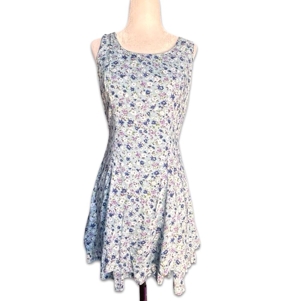 Vintage All That Jazz Baby Blue Floral Sleeveless Open Cross Back Mini Dress - Picture 4 of 9
